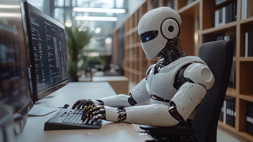 Ein Robotter bedient als Chatbot eine PC-Tastatur Ein Robotter bedient als Chatbot eine PC-Tastatur