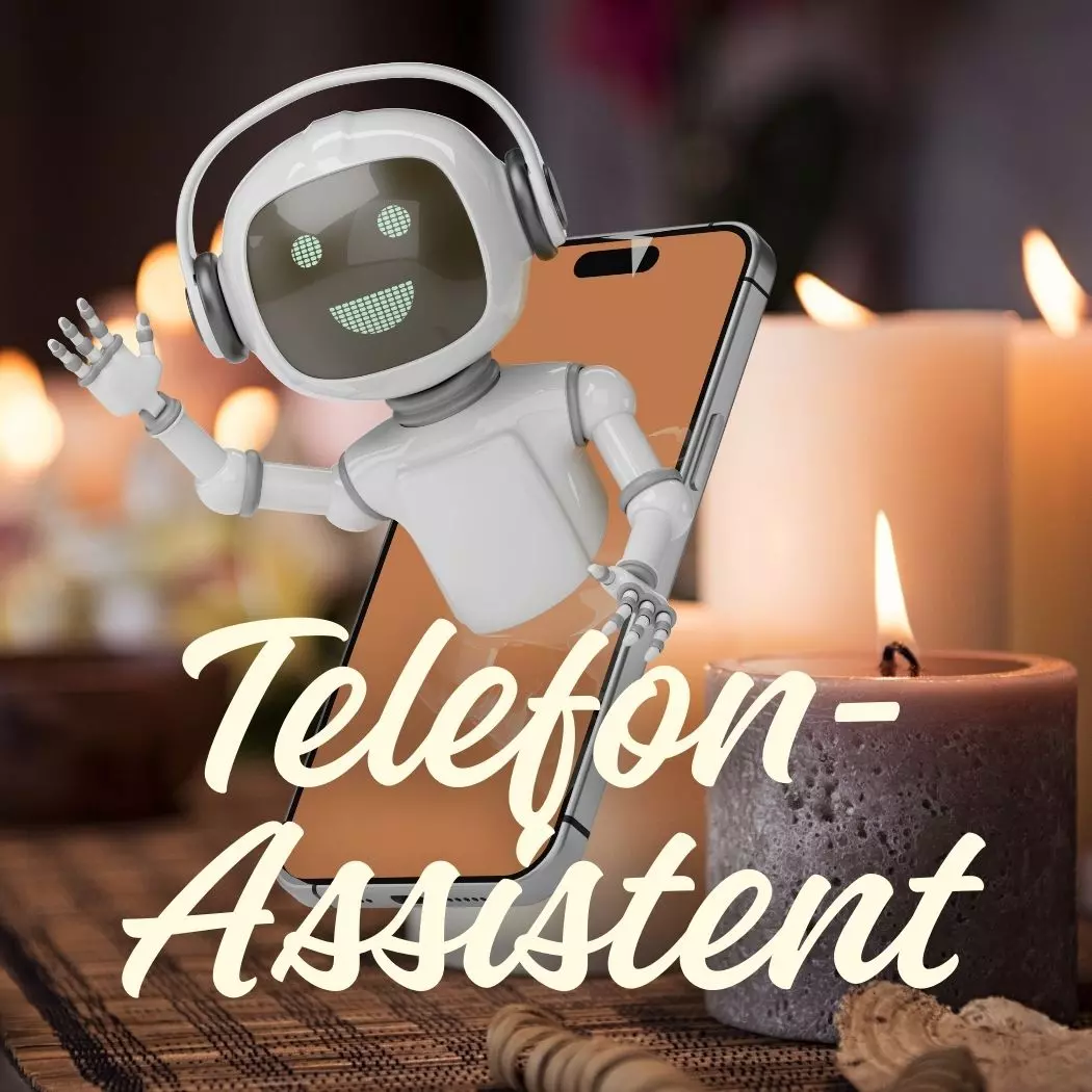 Lächelnder Roboter mit Kopfhörer springt aus einem Smartphone vor brennenden Kerzen – steht für telefonischen KI‑Assistenten, der Anrufe im Spa freundlich entgegennimmt.