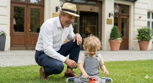 Der Enkel Max des Hoteliers Kai Gronewald spielt auf dem Rasen. Sein Opa hat Spaß mit ihm.